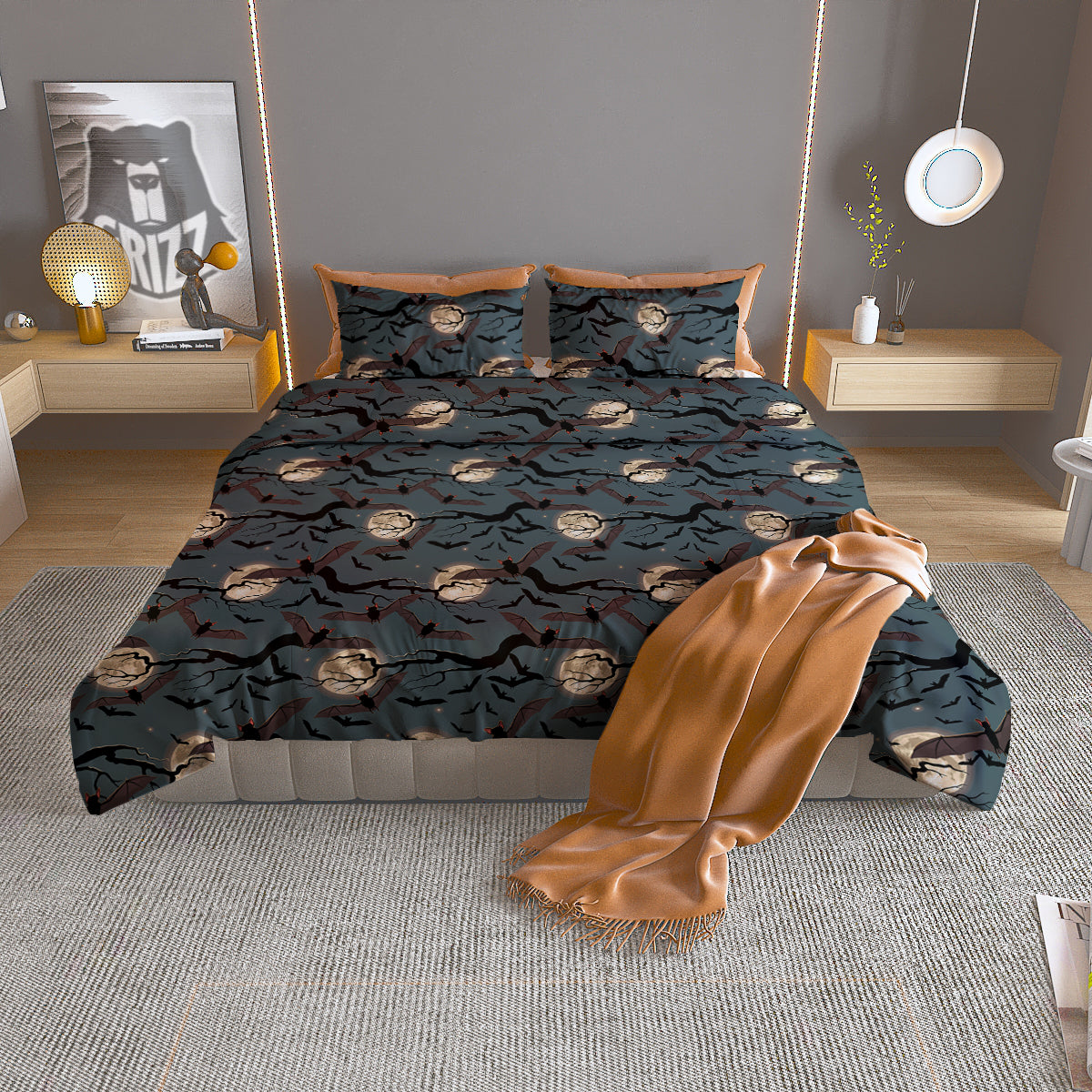 Flying Bat In The Moonlight Print Pattern Duvet Cover Bedding Set