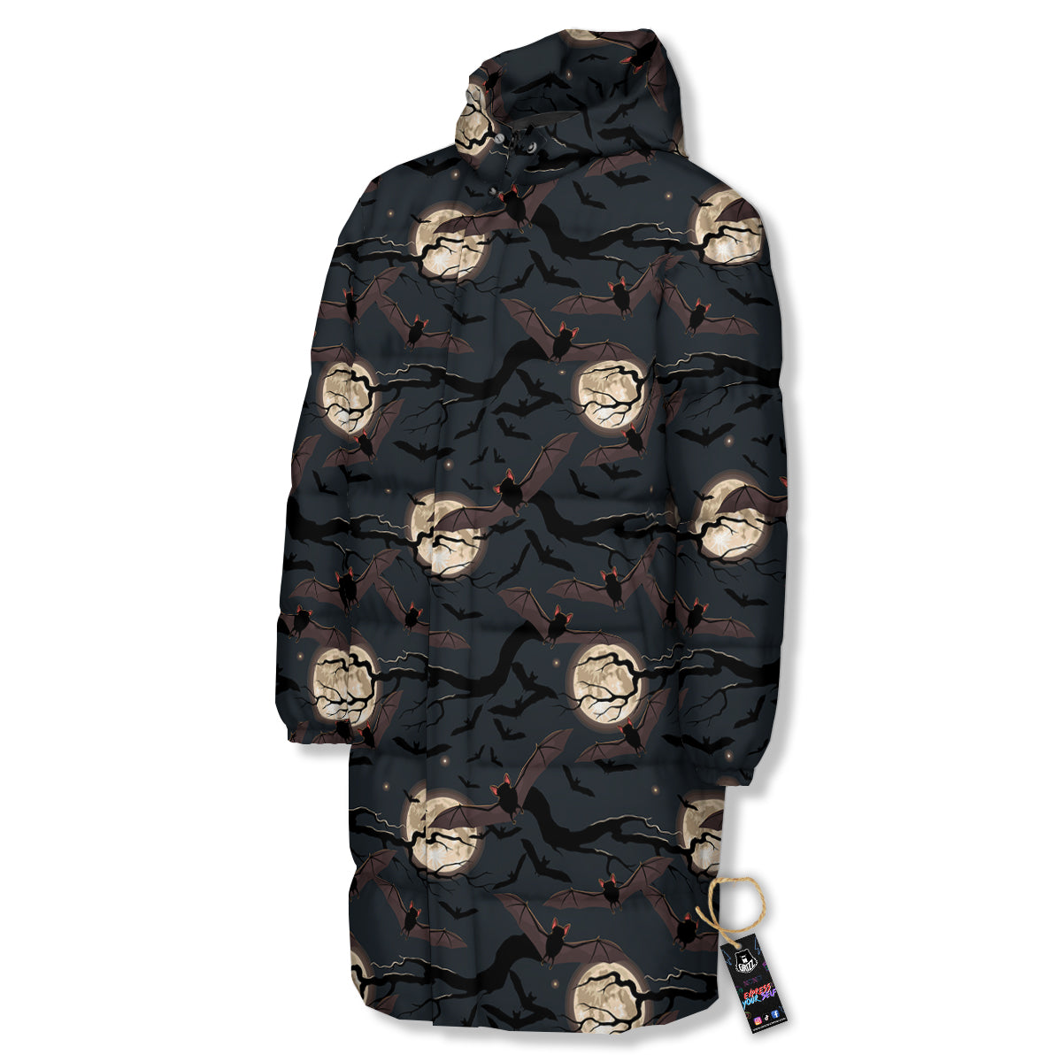Flying Bat In The Moonlight Print Pattern Long Down Jacket-grizzshop