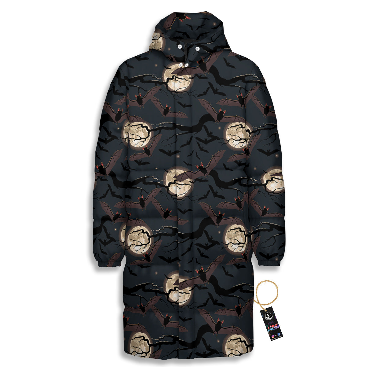 Flying Bat In The Moonlight Print Pattern Long Down Jacket-grizzshop