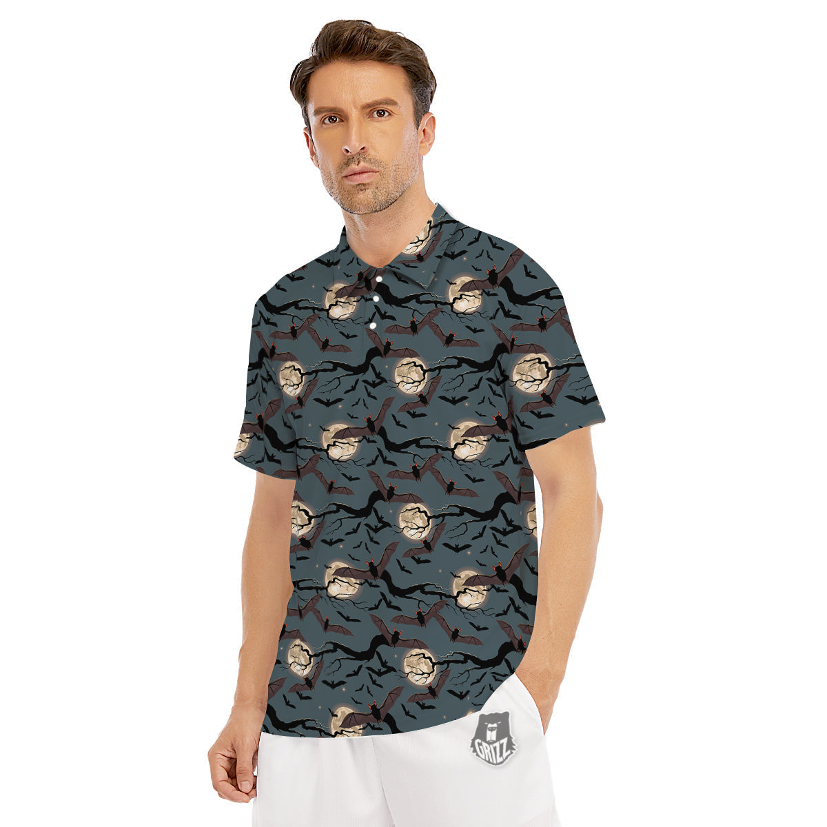 Flying Bat In The Moonlight Print Pattern Men's Golf Shirts-grizzshop