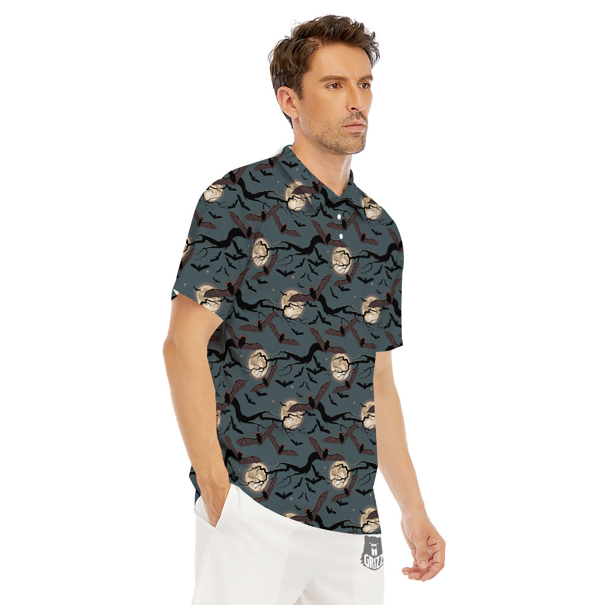 Flying Bat In The Moonlight Print Pattern Men's Golf Shirts-grizzshop