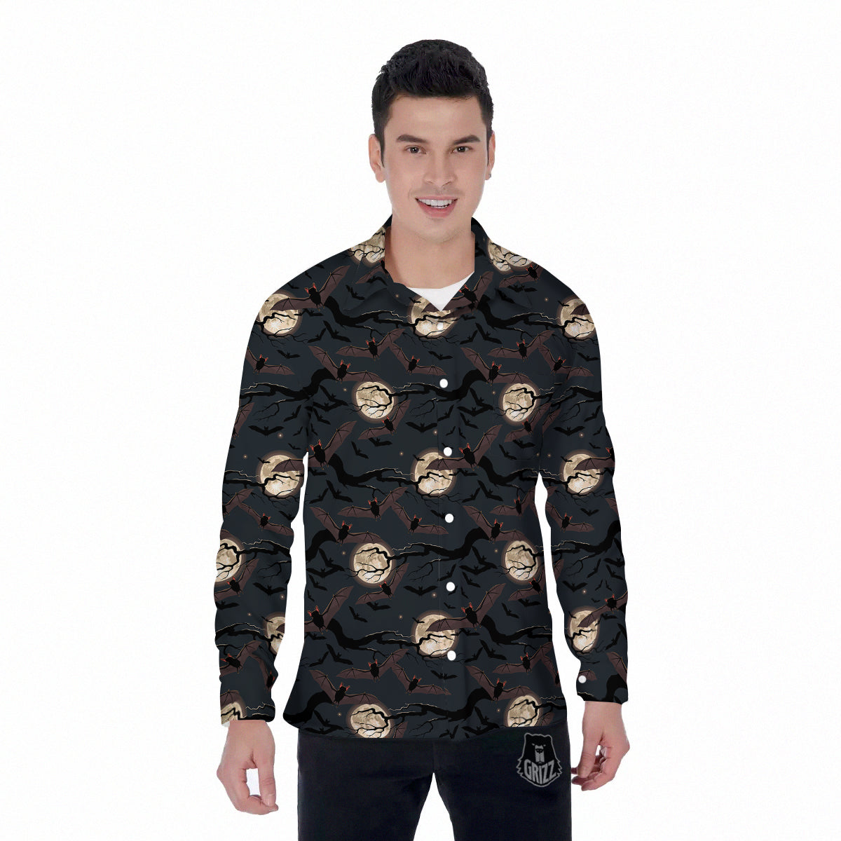 Flying Bat In The Moonlight Print Pattern Men's Long Sleeve Shirts-grizzshop