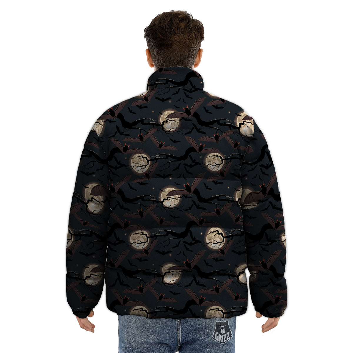 Flying Bat In The Moonlight Print Pattern Puffer Jacket-grizzshop