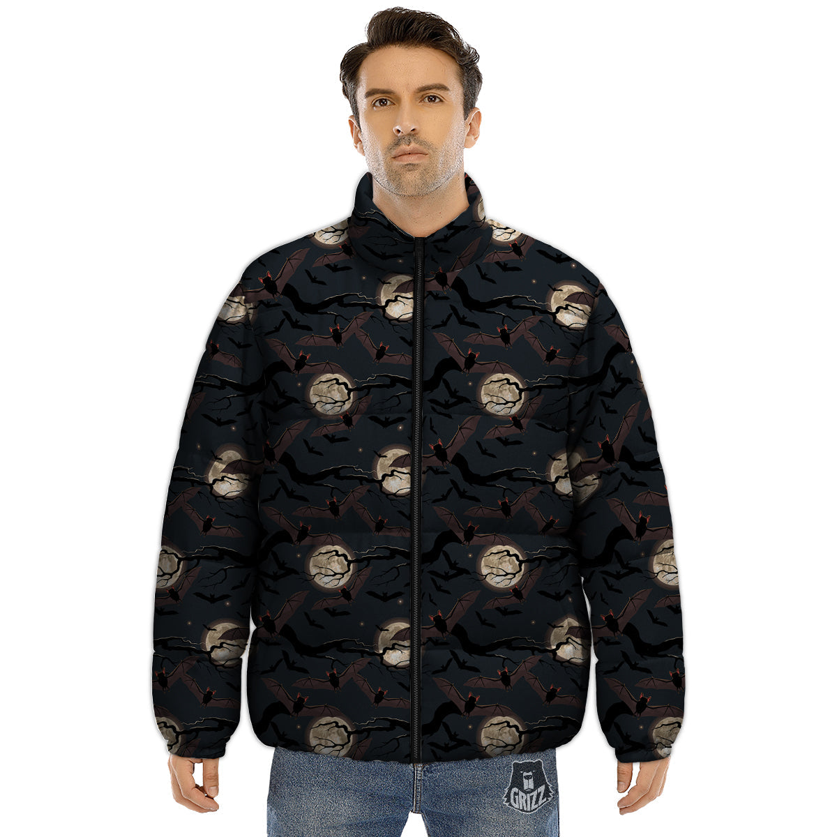 Flying Bat In The Moonlight Print Pattern Puffer Jacket-grizzshop