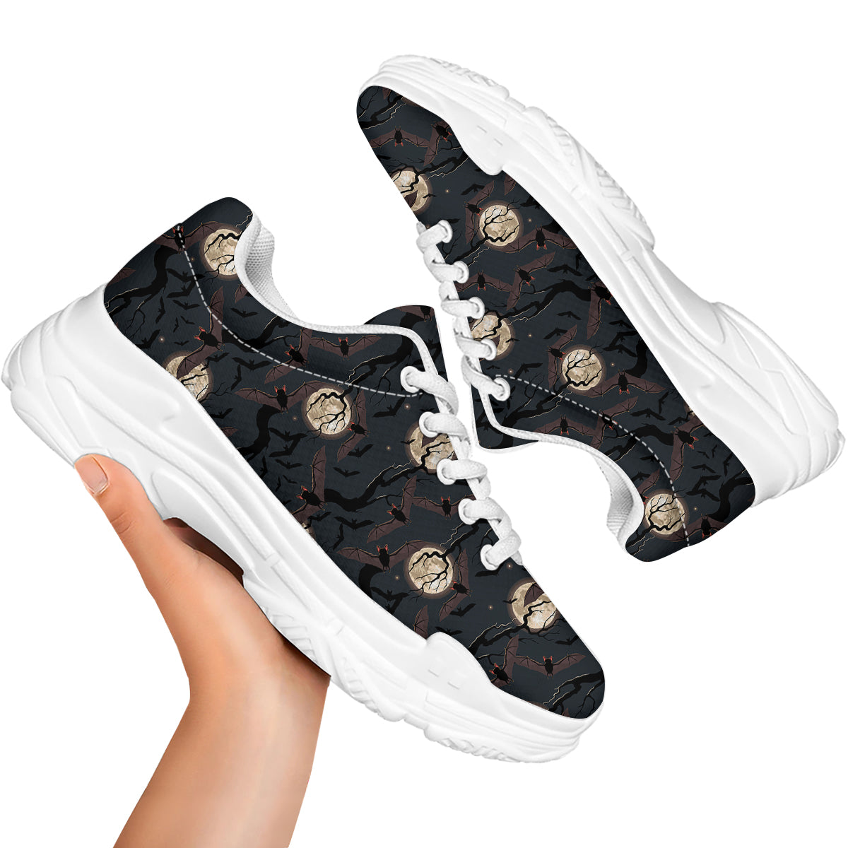 Flying Bat In The Moonlight Print Pattern White Chunky Shoes-grizzshop