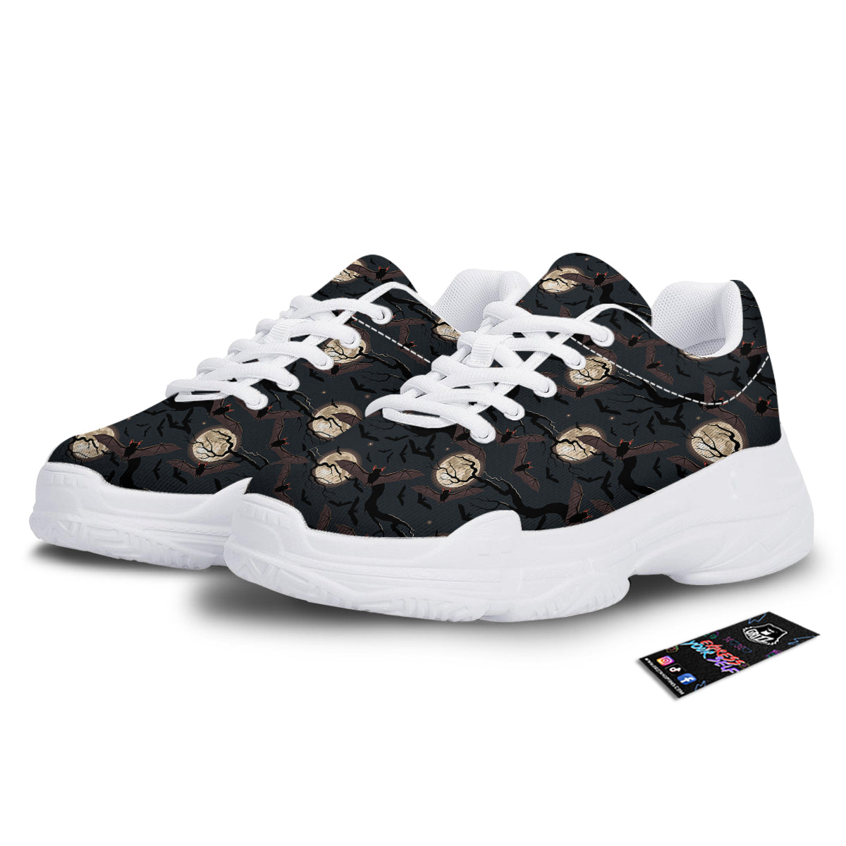 Flying Bat In The Moonlight Print Pattern White Chunky Shoes-grizzshop