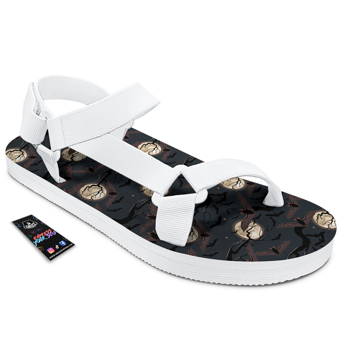 Flying Bat In The Moonlight Print Pattern White Open Toe Sandals-grizzshop