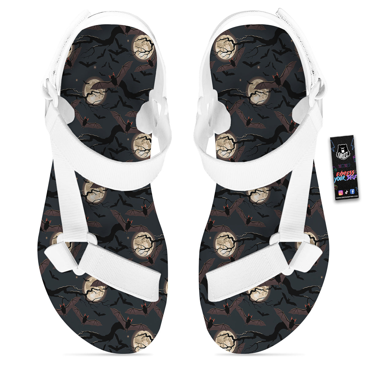 Flying Bat In The Moonlight Print Pattern White Open Toe Sandals-grizzshop