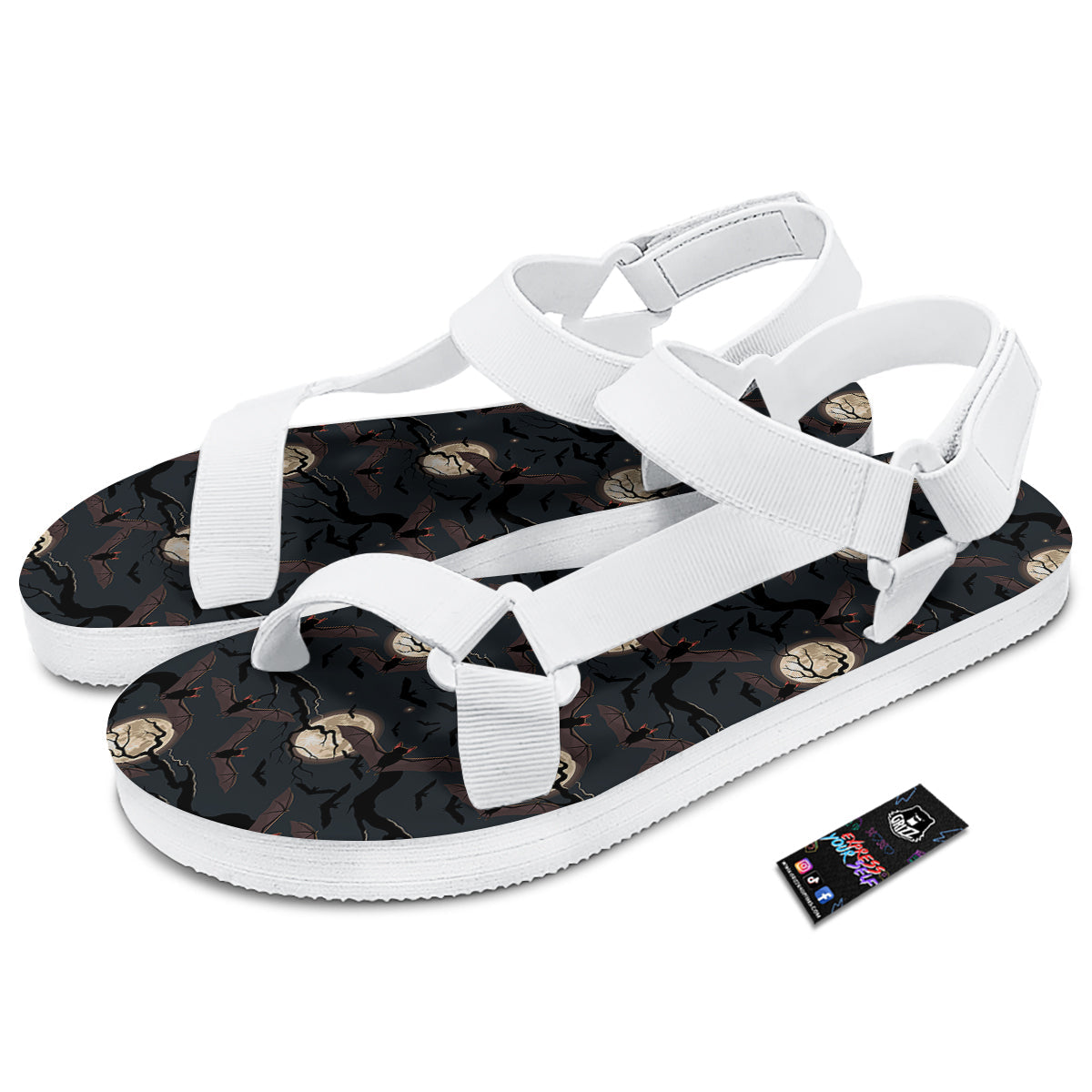 Flying Bat In The Moonlight Print Pattern White Open Toe Sandals-grizzshop