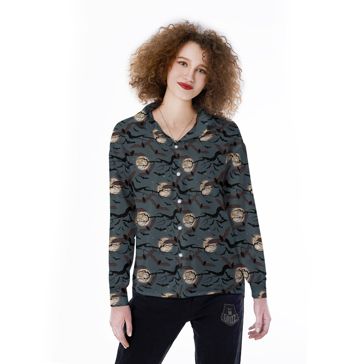 Flying Bat In The Moonlight Print Pattern Women's Long Sleeve Shirts-grizzshop
