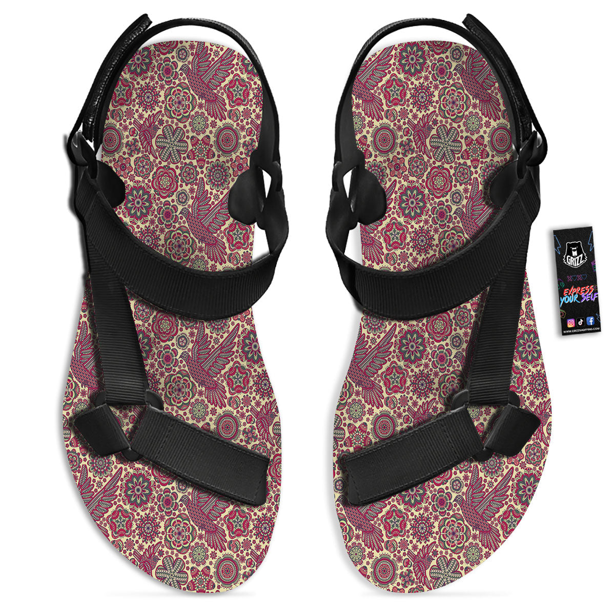 Flying Bird Mandala Print Pattern Black Open Toe Sandals-grizzshop