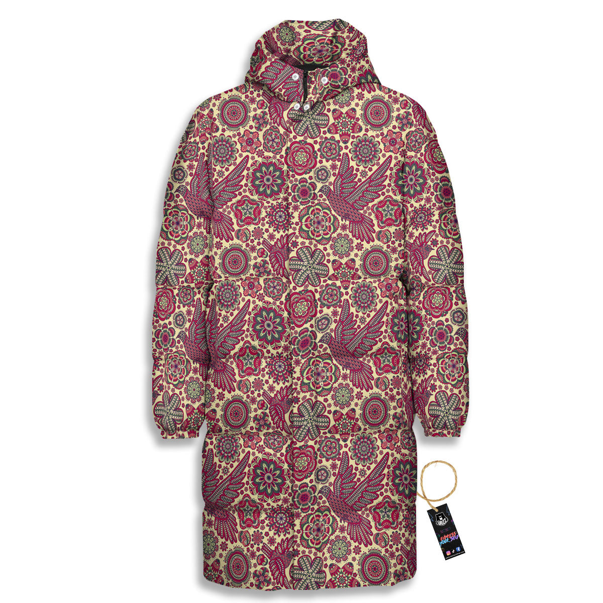 Flying Bird Mandala Print Pattern Long Down Jacket-grizzshop