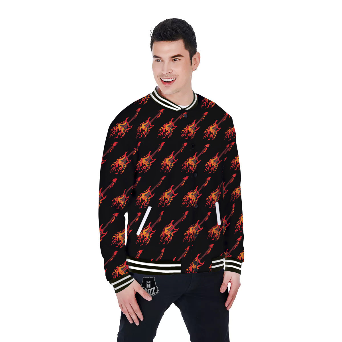 Flying Burning Guitars Print Pattern Baseball Jacket-grizzshop
