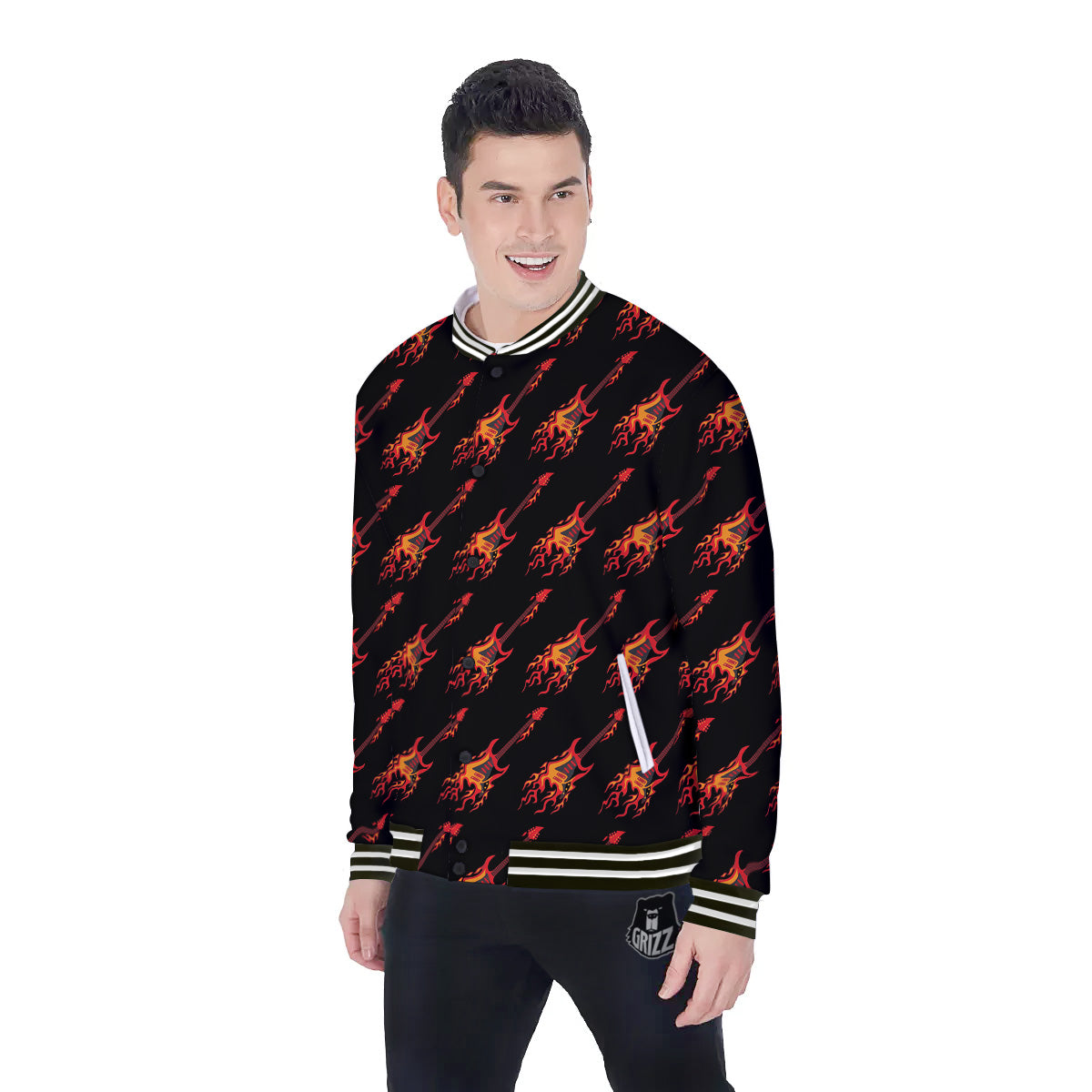 Flying Burning Guitars Print Pattern Baseball Jacket-grizzshop