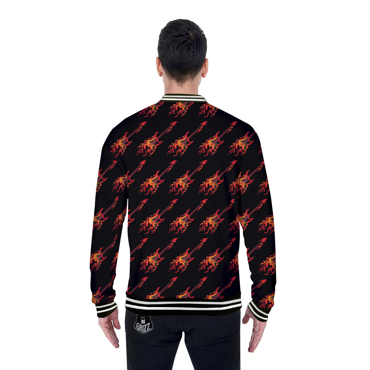 Flying Burning Guitars Print Pattern Baseball Jacket-grizzshop