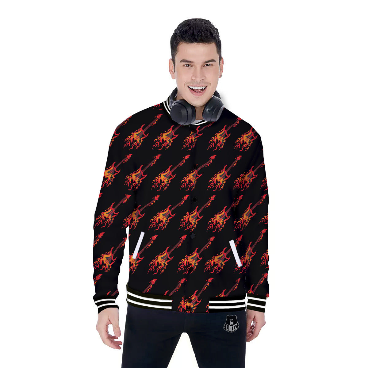 Flying Burning Guitars Print Pattern Baseball Jacket-grizzshop
