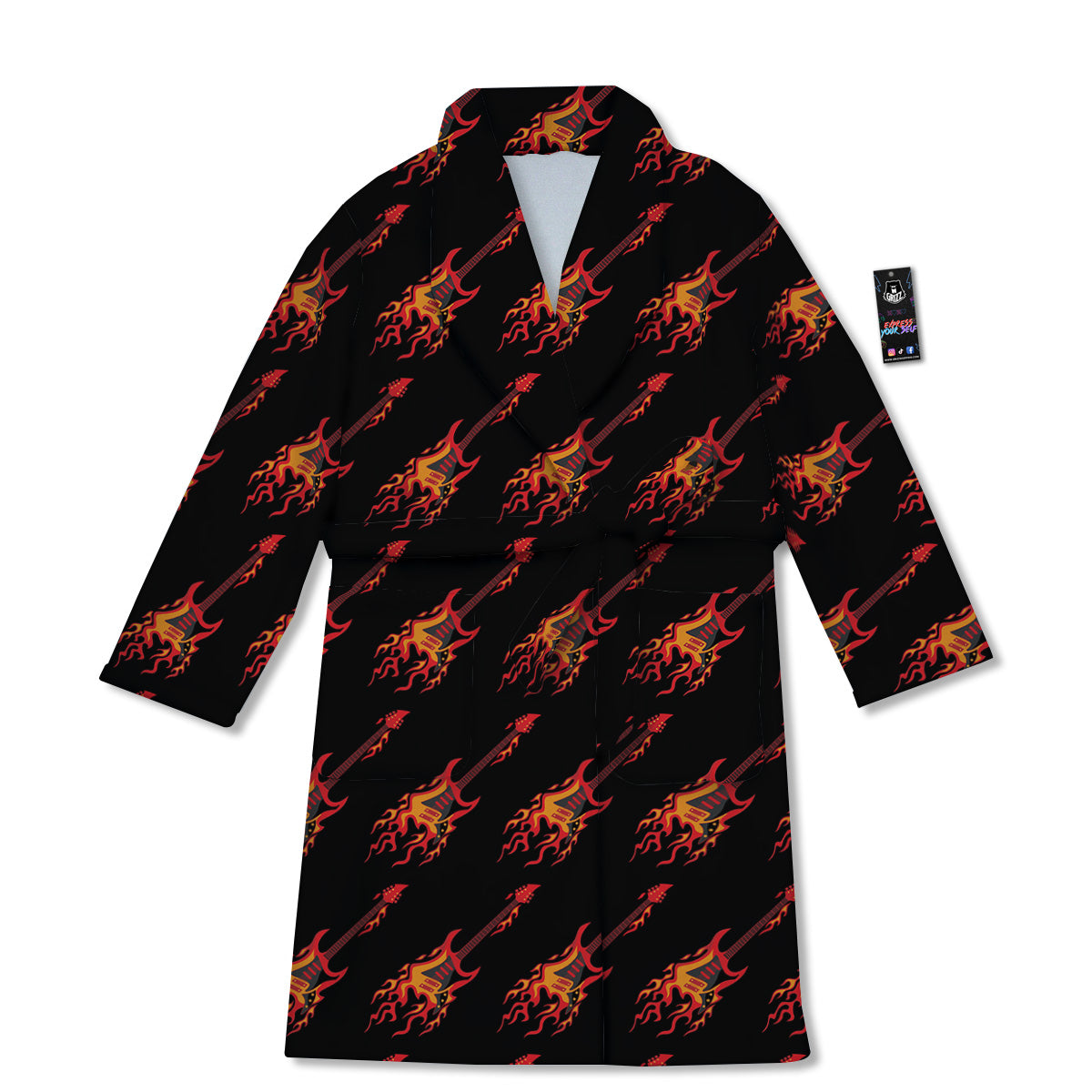 Flying Burning Guitars Print Pattern Bathrobe-grizzshop