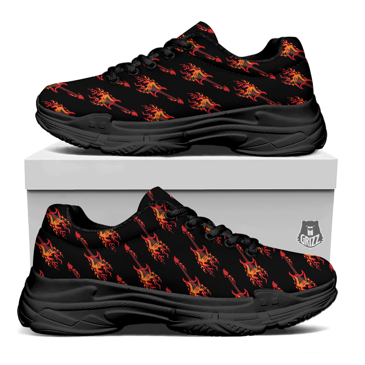 Flying Burning Guitars Print Pattern Black Chunky Shoes-grizzshop