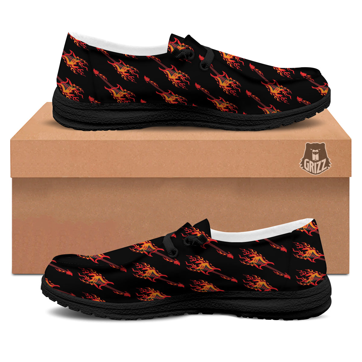 Flying Burning Guitars Print Pattern Black Loafers-grizzshop