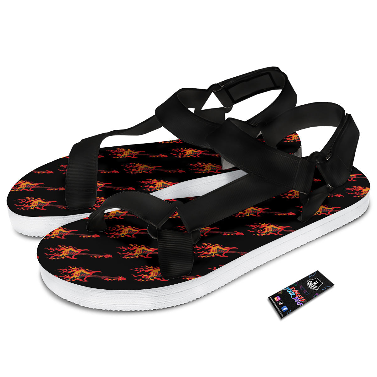 Flying Burning Guitars Print Pattern Black Open Toe Sandals-grizzshop