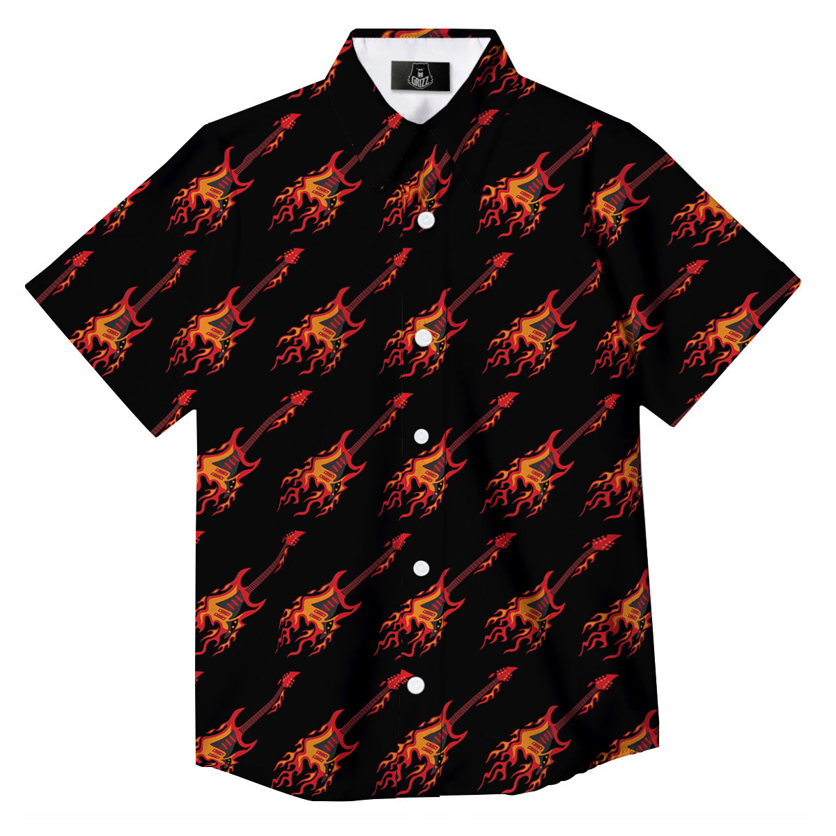 Flying Burning Guitars Print Pattern Button Up Shirt-grizzshop