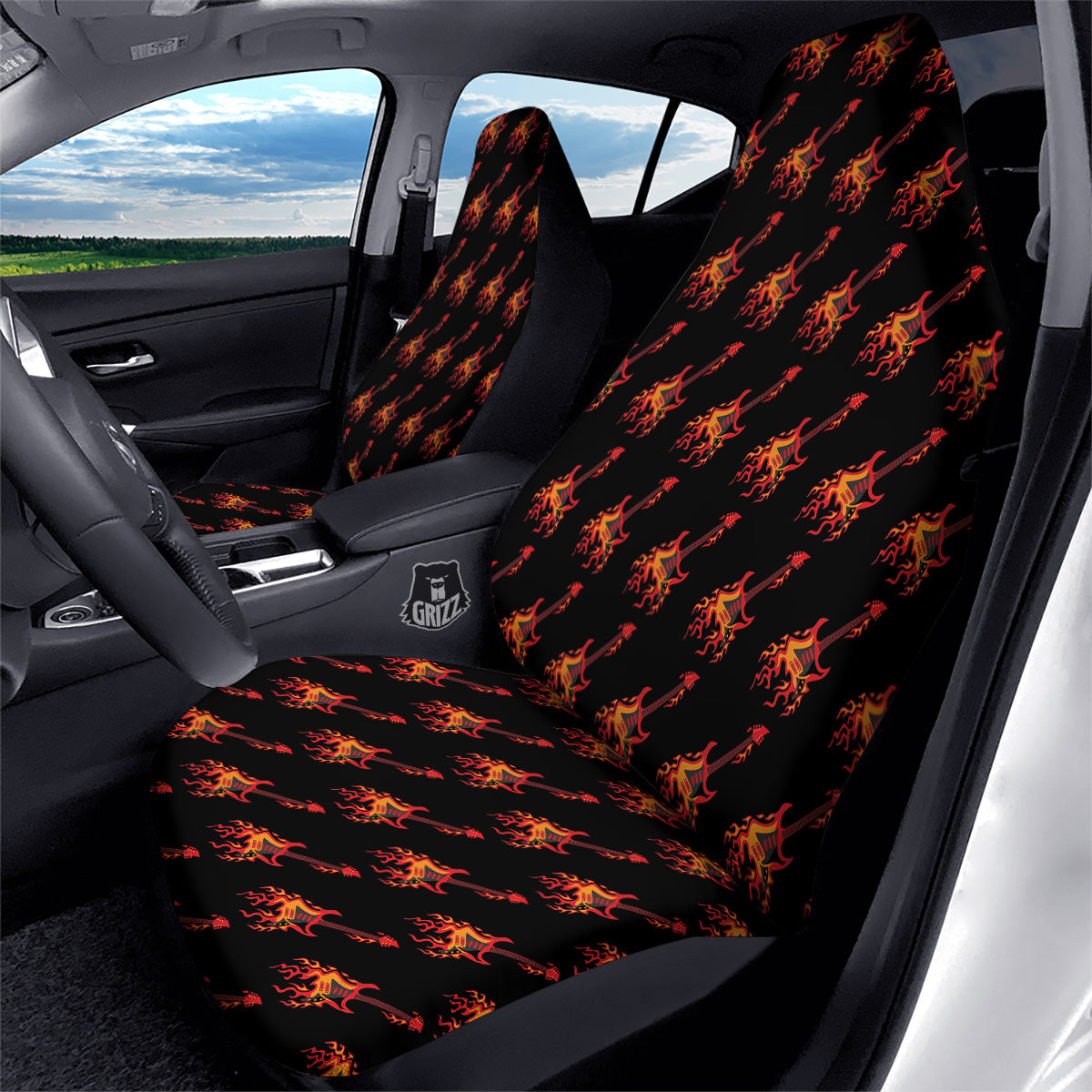 Flying Burning Guitars Print Pattern Car Seat Covers-grizzshop