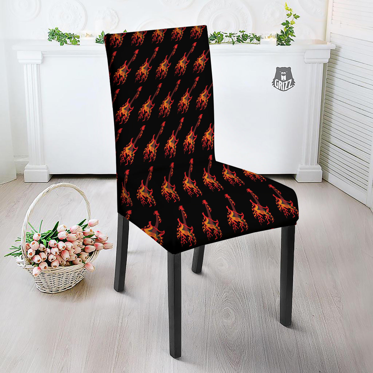 Flying Burning Guitars Print Pattern Dining Chair Slipcover-grizzshop