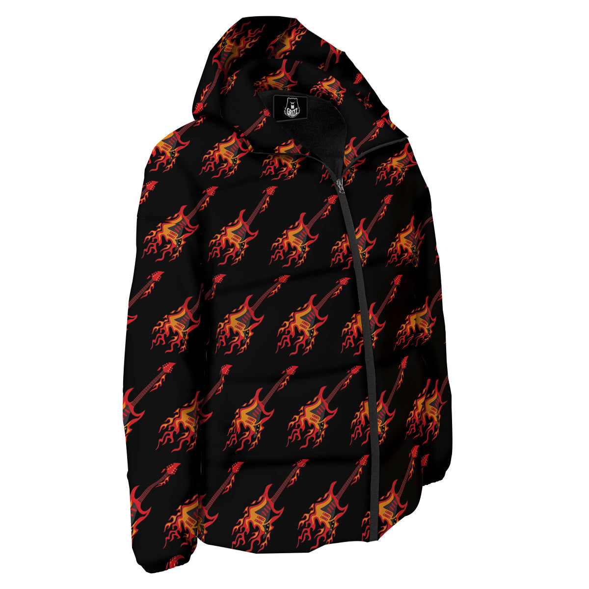 Flying Burning Guitars Print Pattern Down Jacket-grizzshop