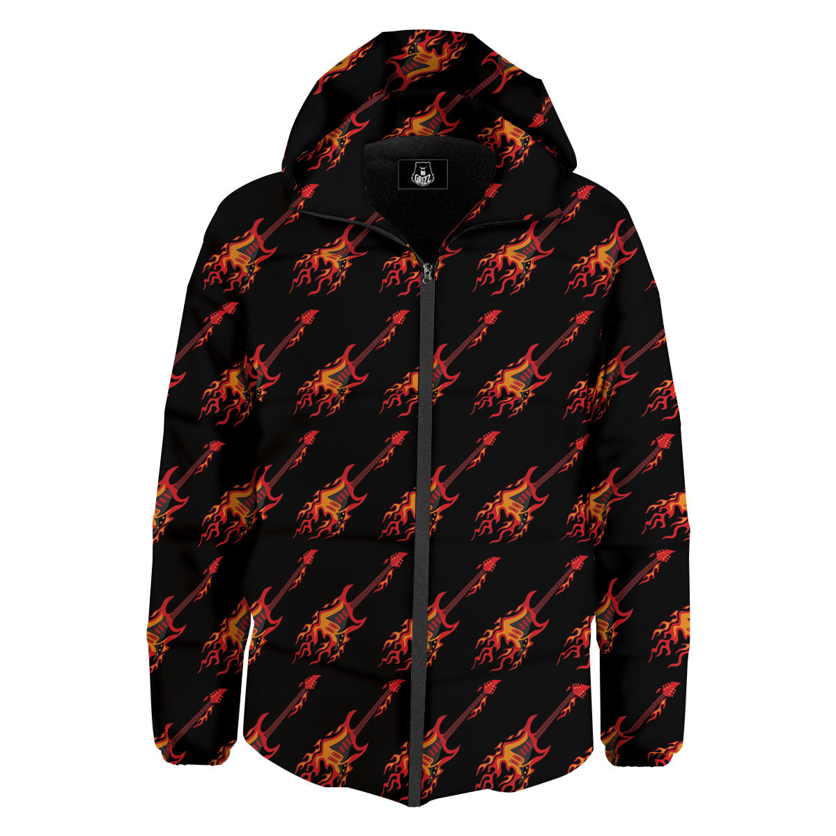 Flying Burning Guitars Print Pattern Down Jacket-grizzshop