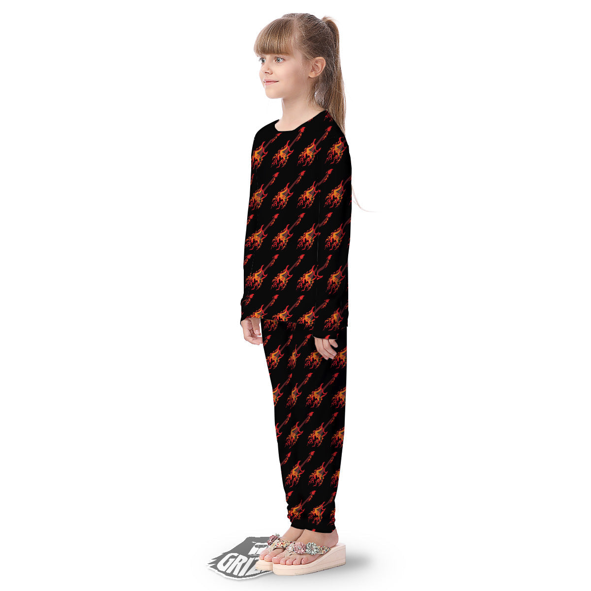 Flying Burning Guitars Print Pattern Kid's Pajamas-grizzshop
