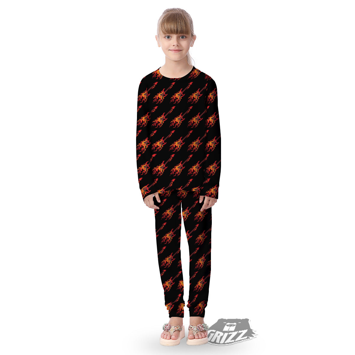 Flying Burning Guitars Print Pattern Kid's Pajamas-grizzshop