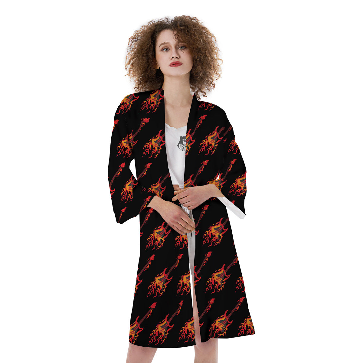 Flying Burning Guitars Print Pattern Kimono-grizzshop