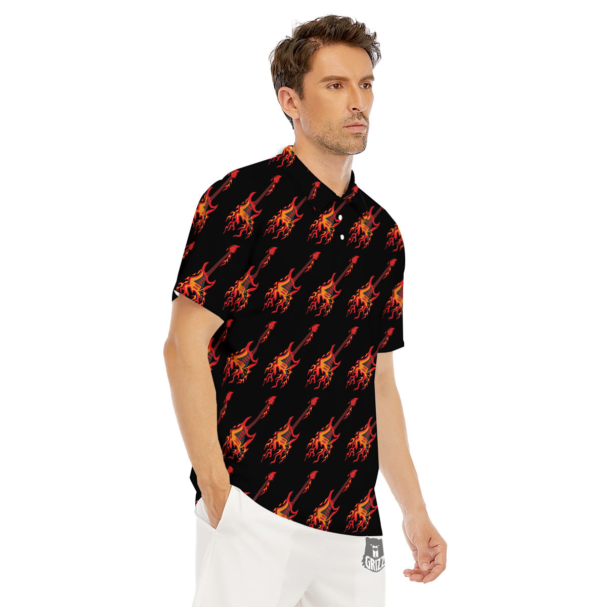 Flying Burning Guitars Print Pattern Men's Golf Shirts-grizzshop