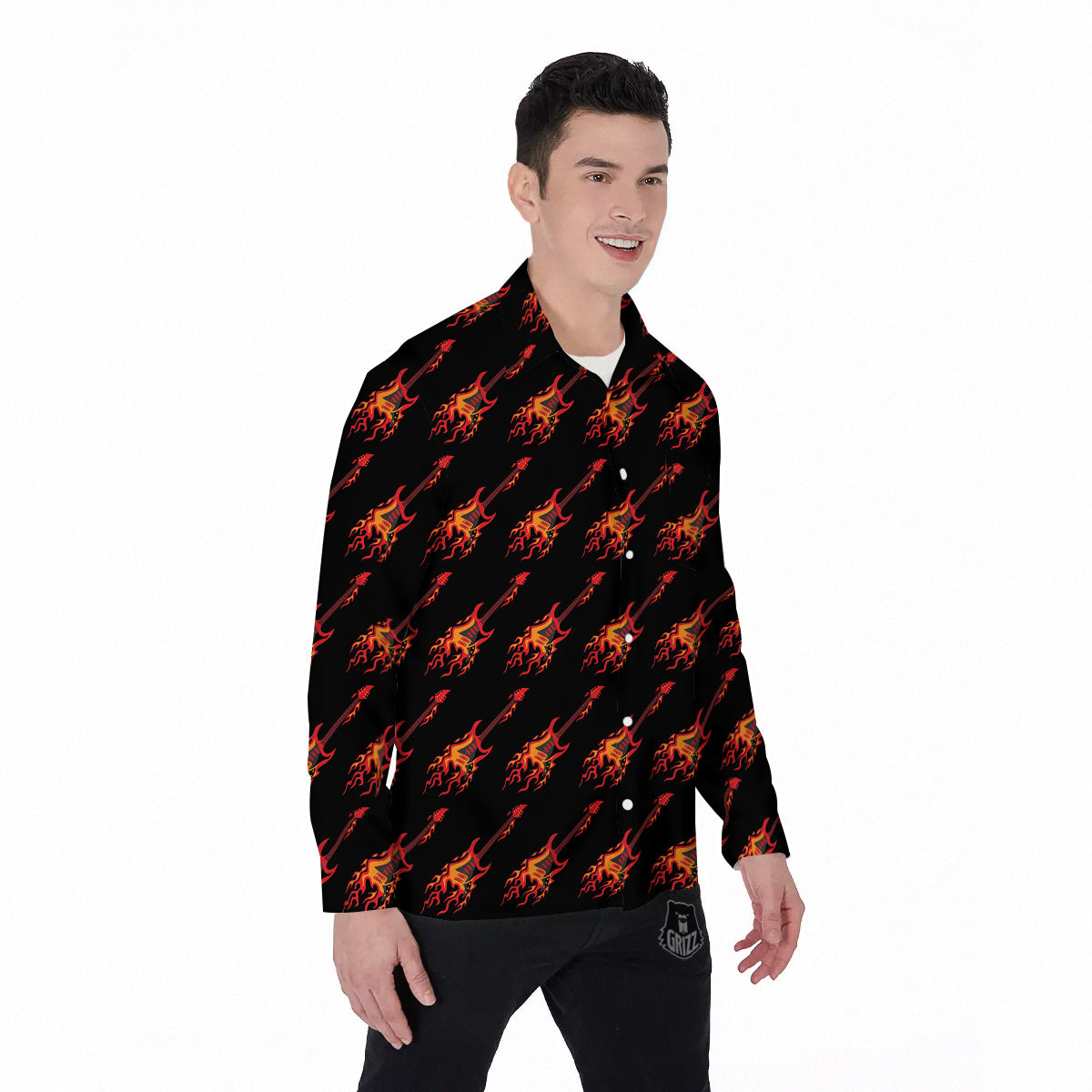 Flying Burning Guitars Print Pattern Men's Long Sleeve Shirts-grizzshop
