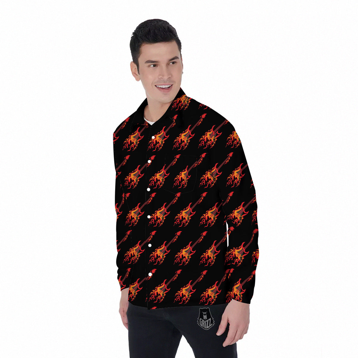 Flying Burning Guitars Print Pattern Men's Long Sleeve Shirts-grizzshop