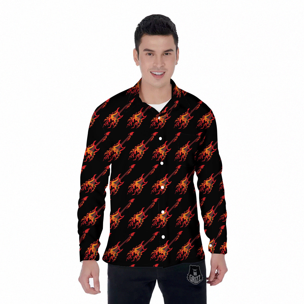 Flying Burning Guitars Print Pattern Men's Long Sleeve Shirts-grizzshop