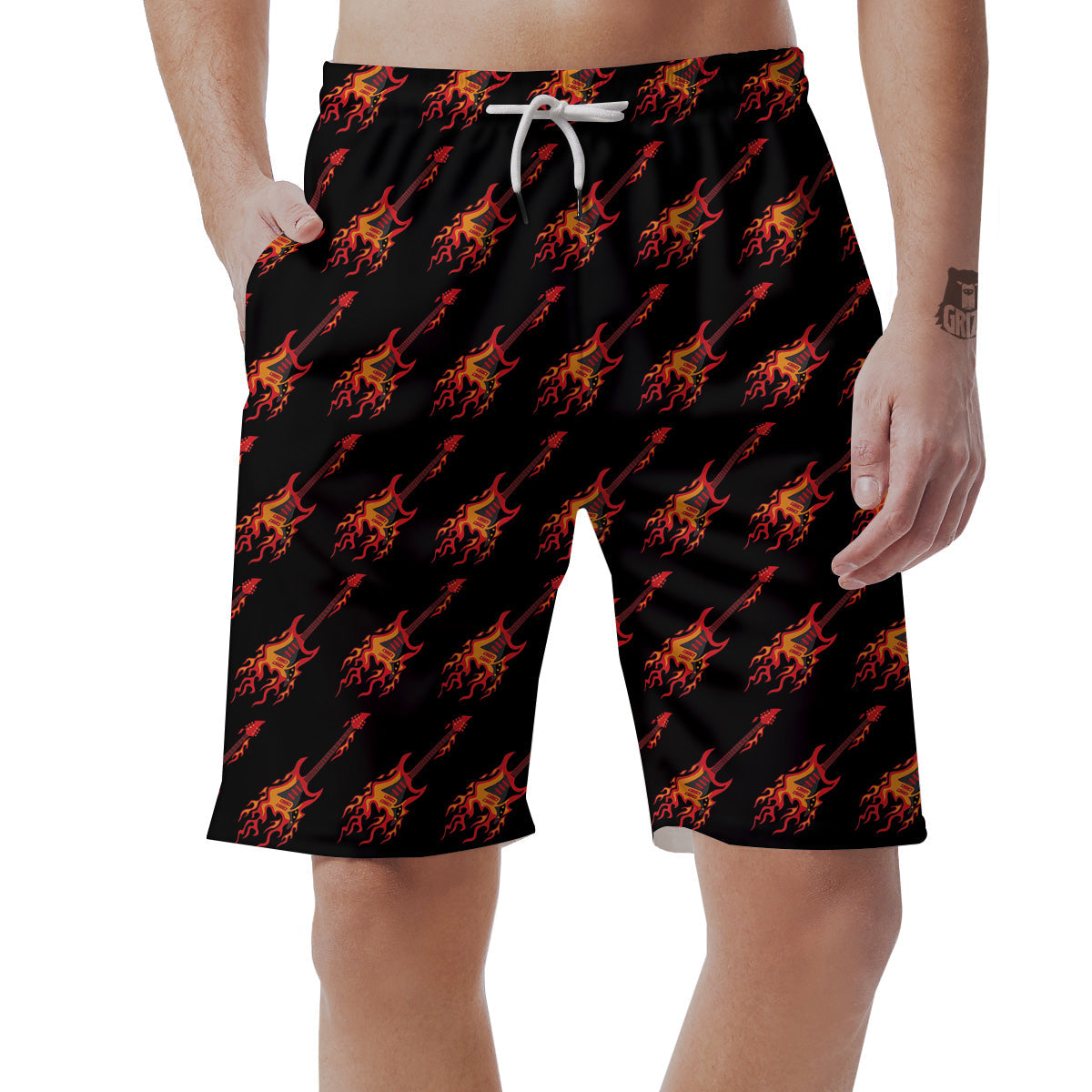 Flying Burning Guitars Print Pattern Men's Shorts-grizzshop