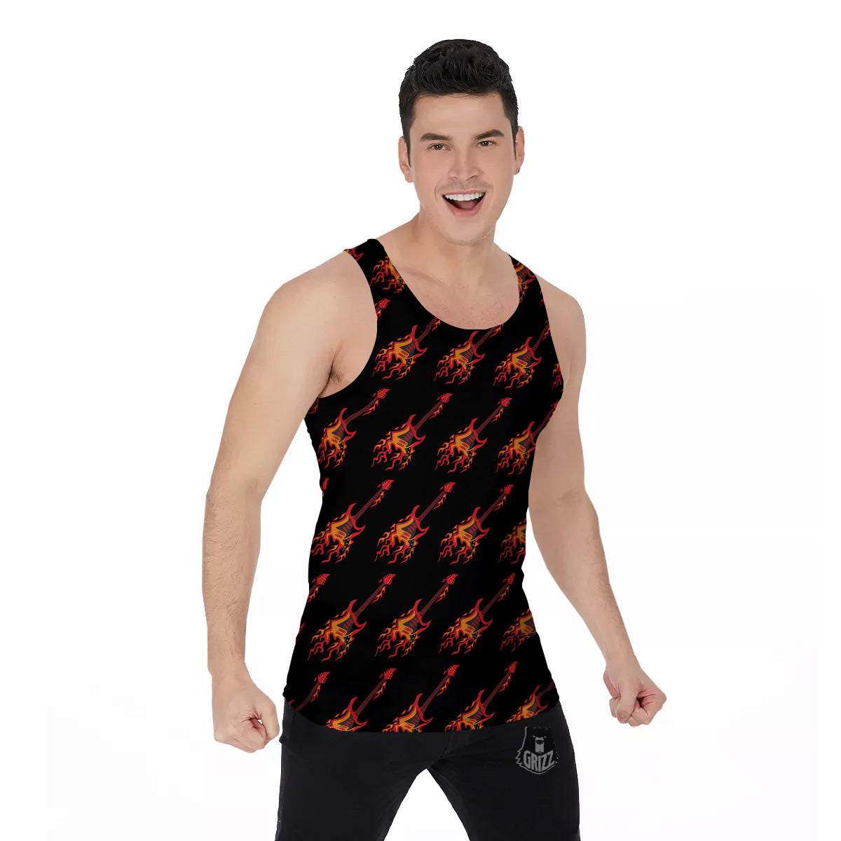 Flying Burning Guitars Print Pattern Men's Tank Top-grizzshop