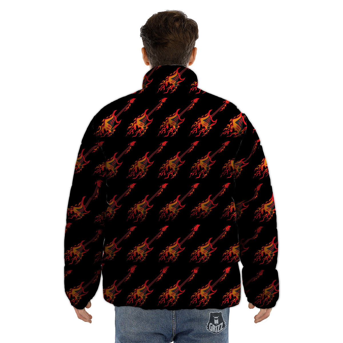 Flying Burning Guitars Print Pattern Puffer Jacket-grizzshop