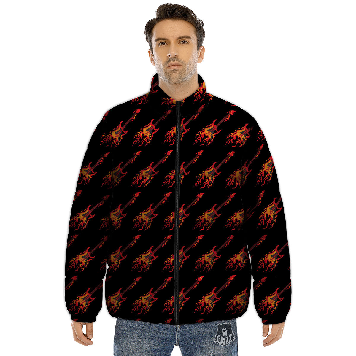 Flying Burning Guitars Print Pattern Puffer Jacket-grizzshop