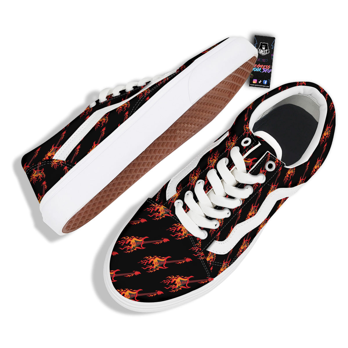 Flying Burning Guitars Print Pattern Skate Shoes-grizzshop