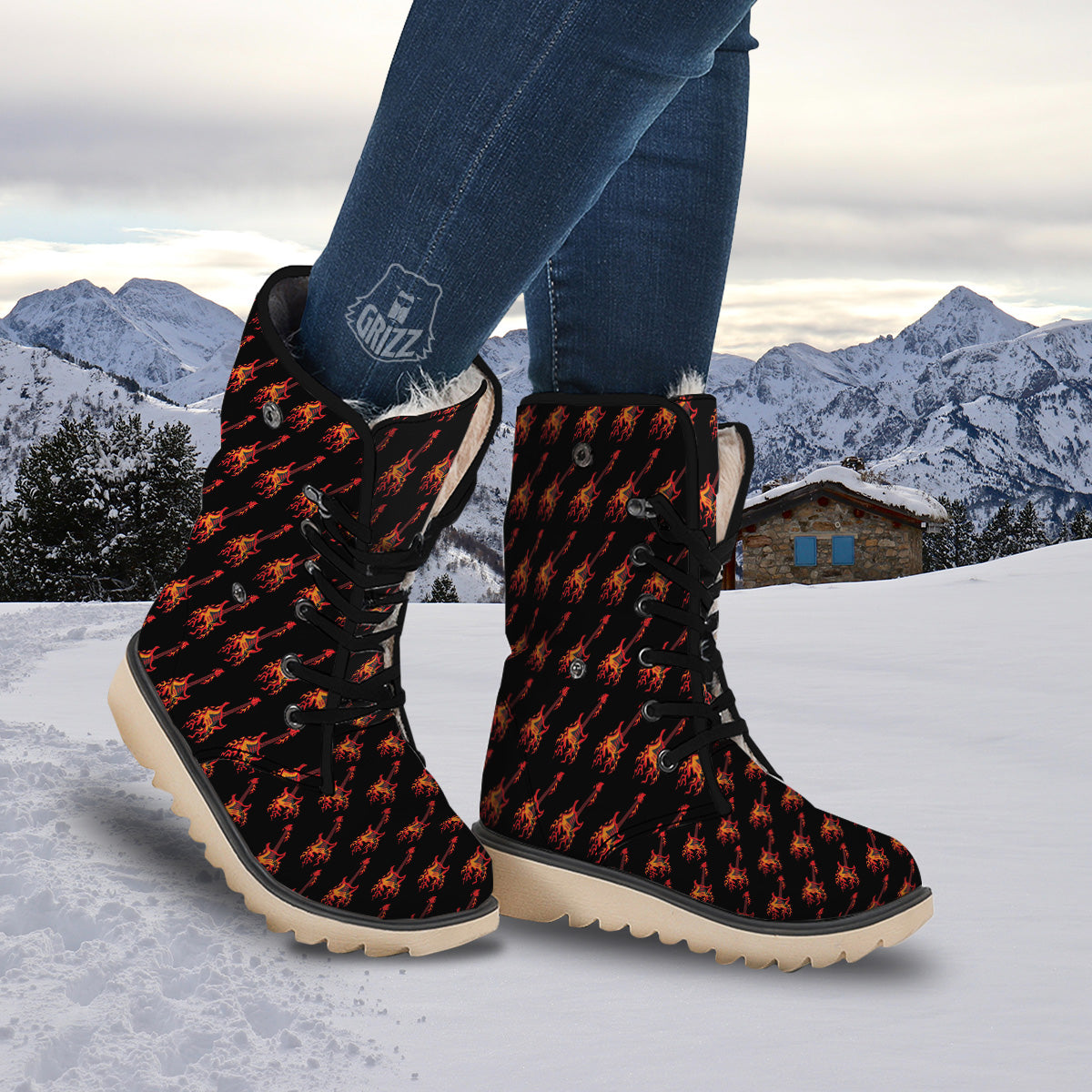 Flying Burning Guitars Print Pattern Snow Boots-grizzshop