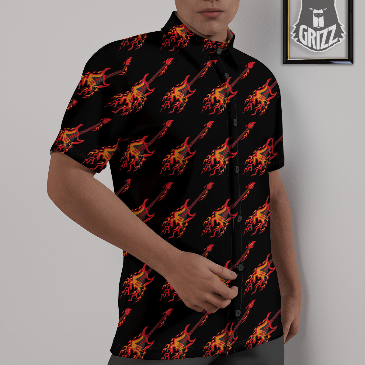 Flying Burning Guitars Print Pattern Untucked Shirts-grizzshop