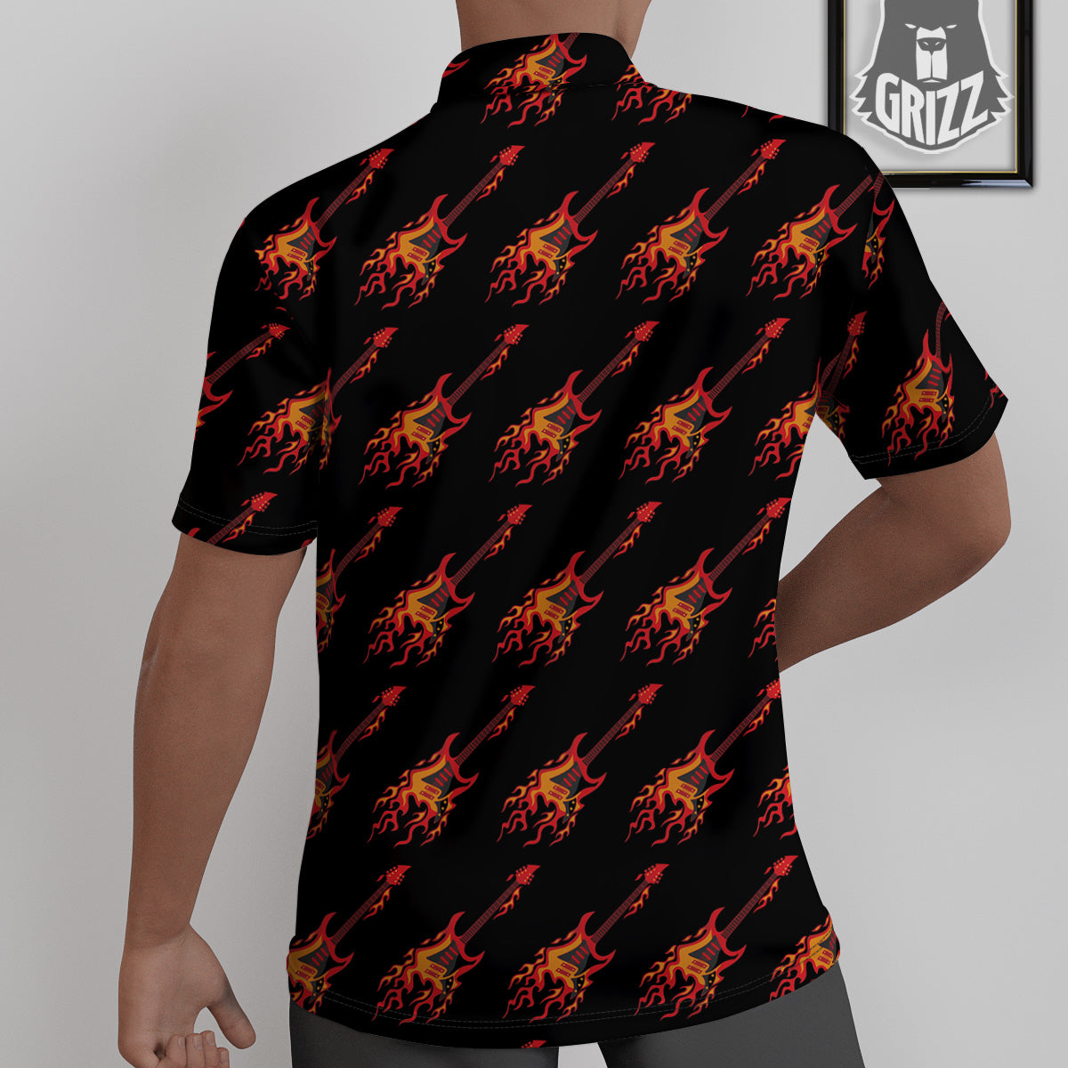 Flying Burning Guitars Print Pattern Untucked Shirts-grizzshop