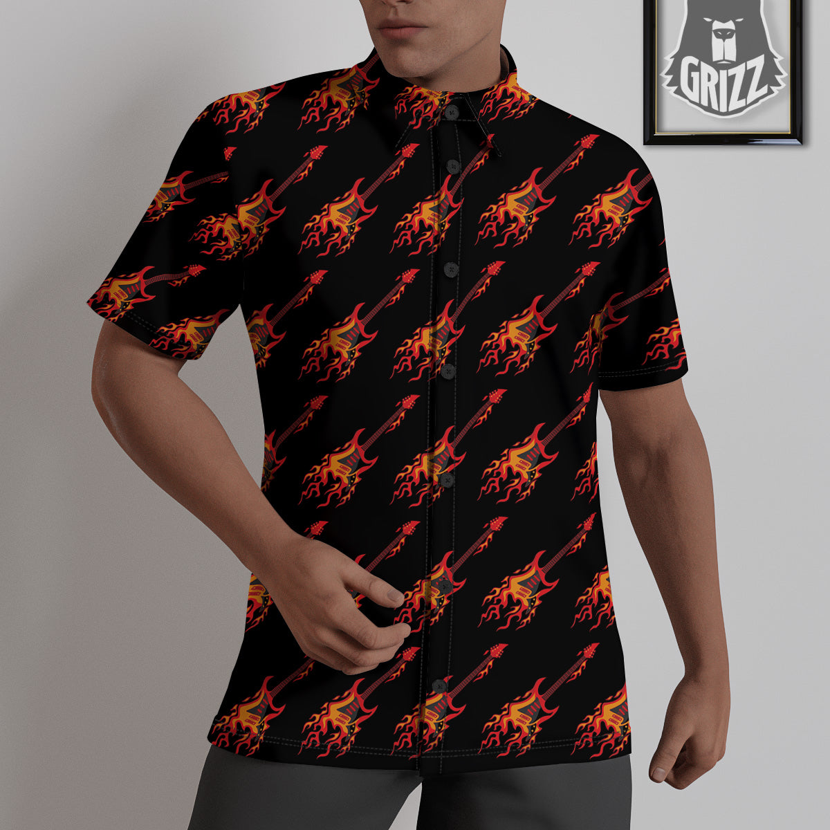 Flying Burning Guitars Print Pattern Untucked Shirts-grizzshop