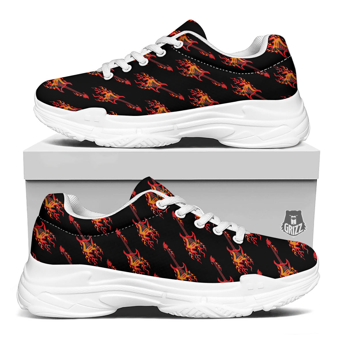 Flying Burning Guitars Print Pattern White Chunky Shoes-grizzshop