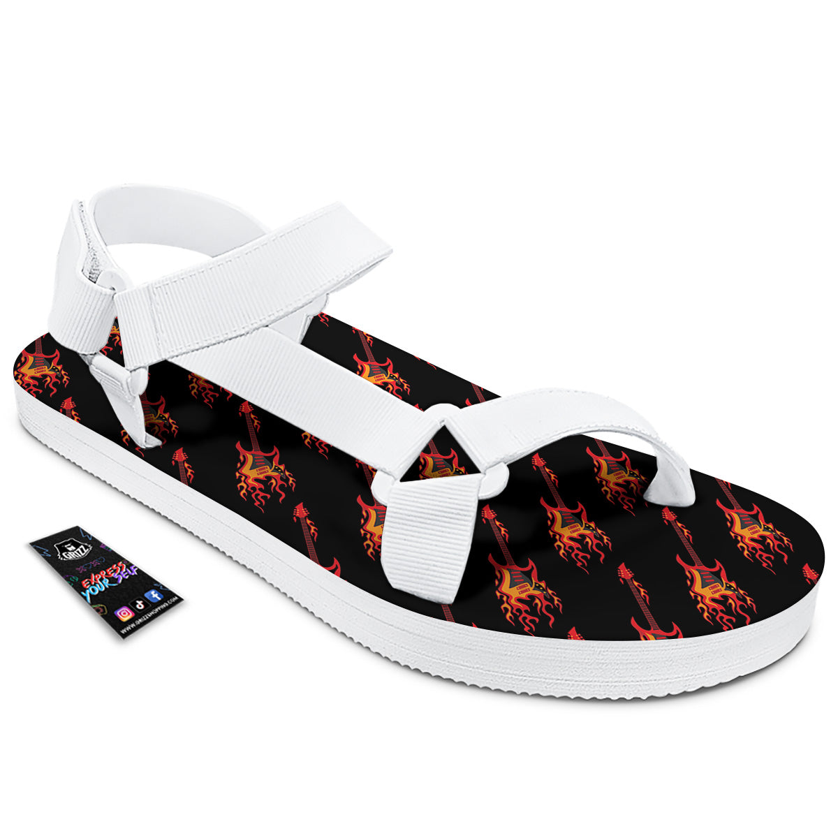 Flying Burning Guitars Print Pattern White Open Toe Sandals-grizzshop