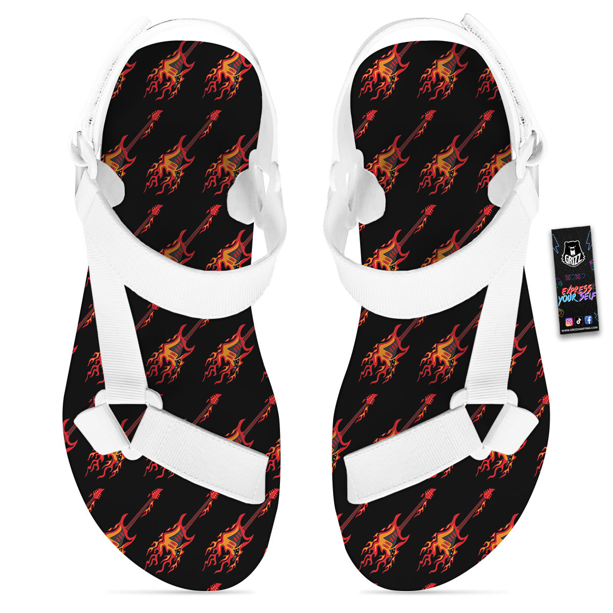 Flying Burning Guitars Print Pattern White Open Toe Sandals-grizzshop