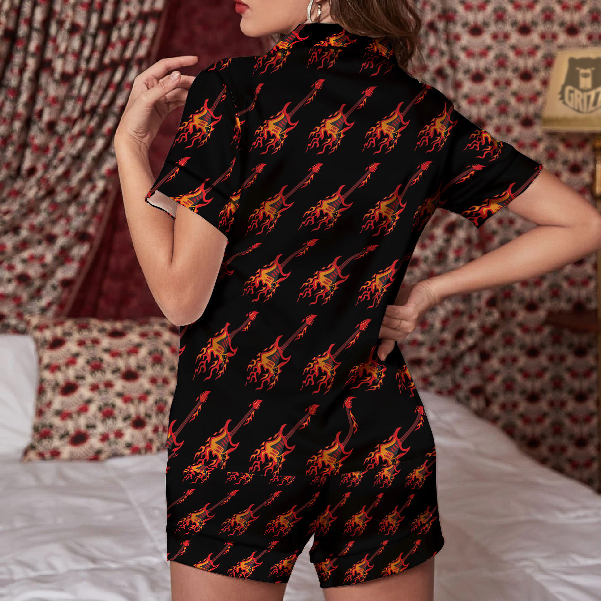 Flying Burning Guitars Print Pattern Women Silk Pajamas-grizzshop