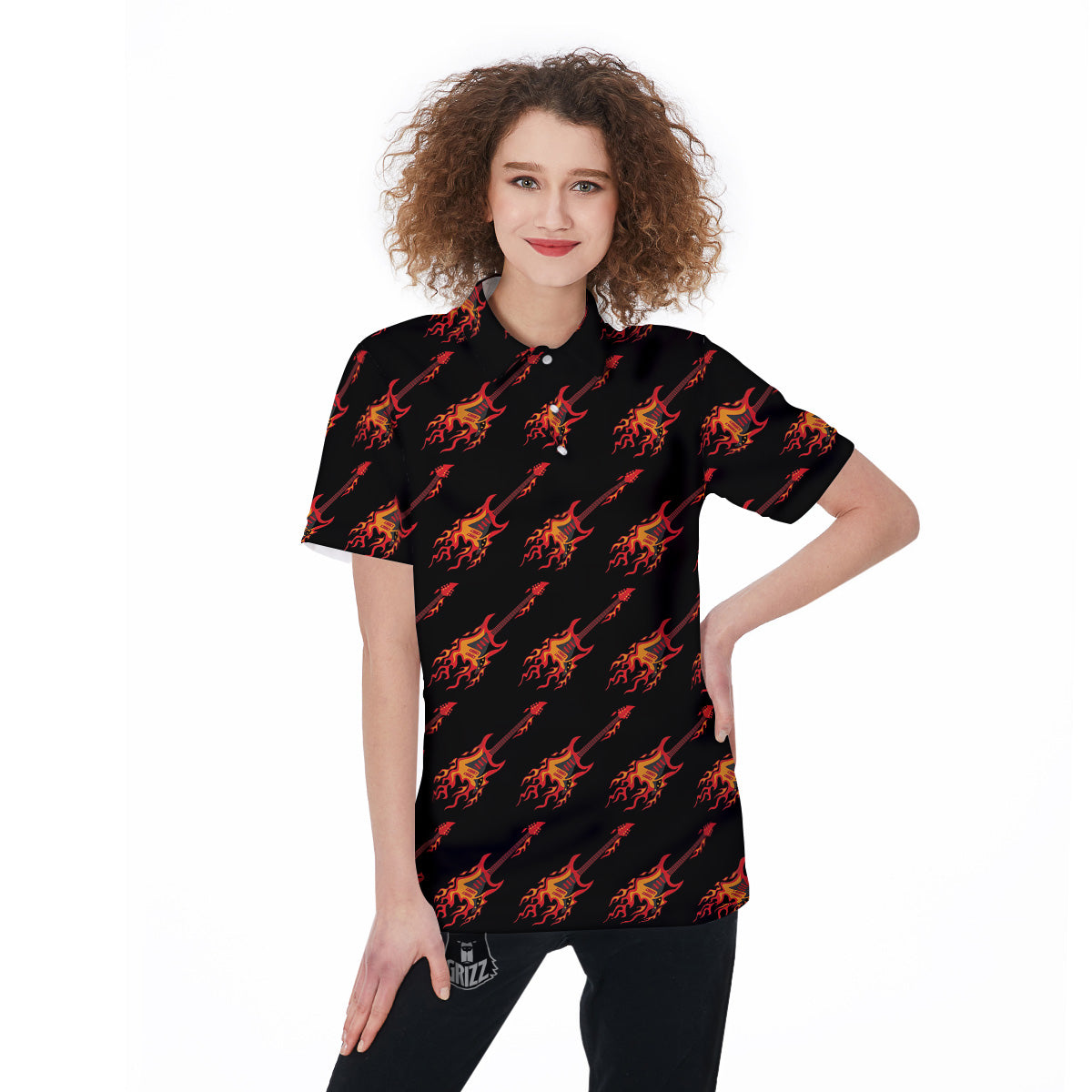 Flying Burning Guitars Print Pattern Women's Golf Shirts-grizzshop